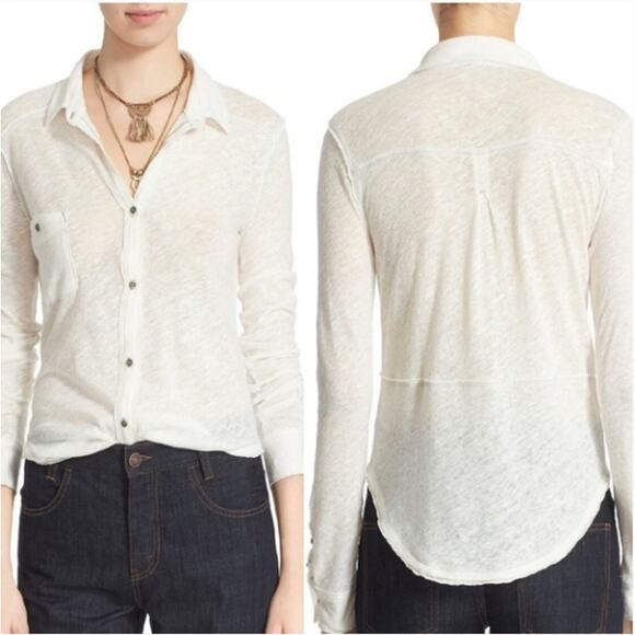 Free People We the Free Caroline Contrast Stitch Slub Shirt Linen Large White - Picture 2 of 11